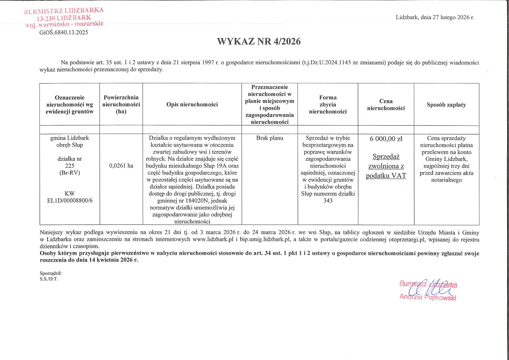 Wykaz Nr 4/2026 - Nieruchomość gruntowa do sprzedaży - obr. Słup dz. nr 225